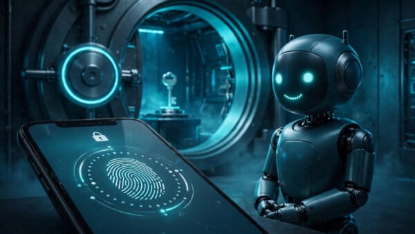 1Password for Agents approval prompt on a phone while an AI agent waits outside a locked password vault