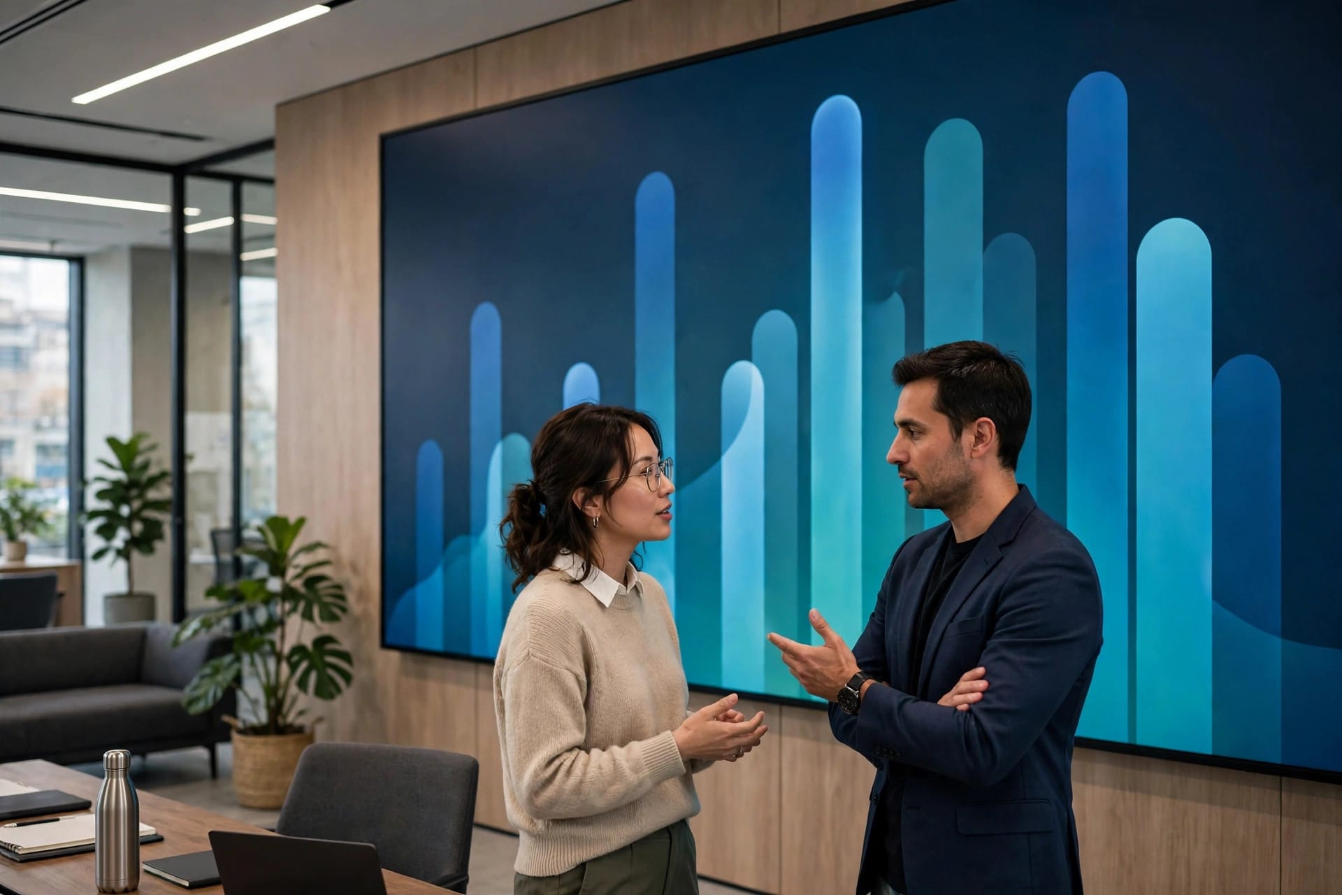 Two people discussing abstract bar shapes on a large screen