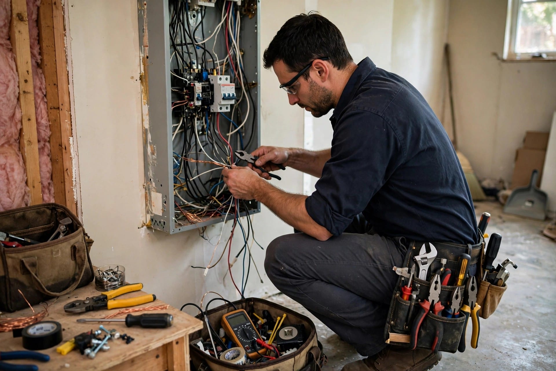 An electrician working on an electrical panel in a home