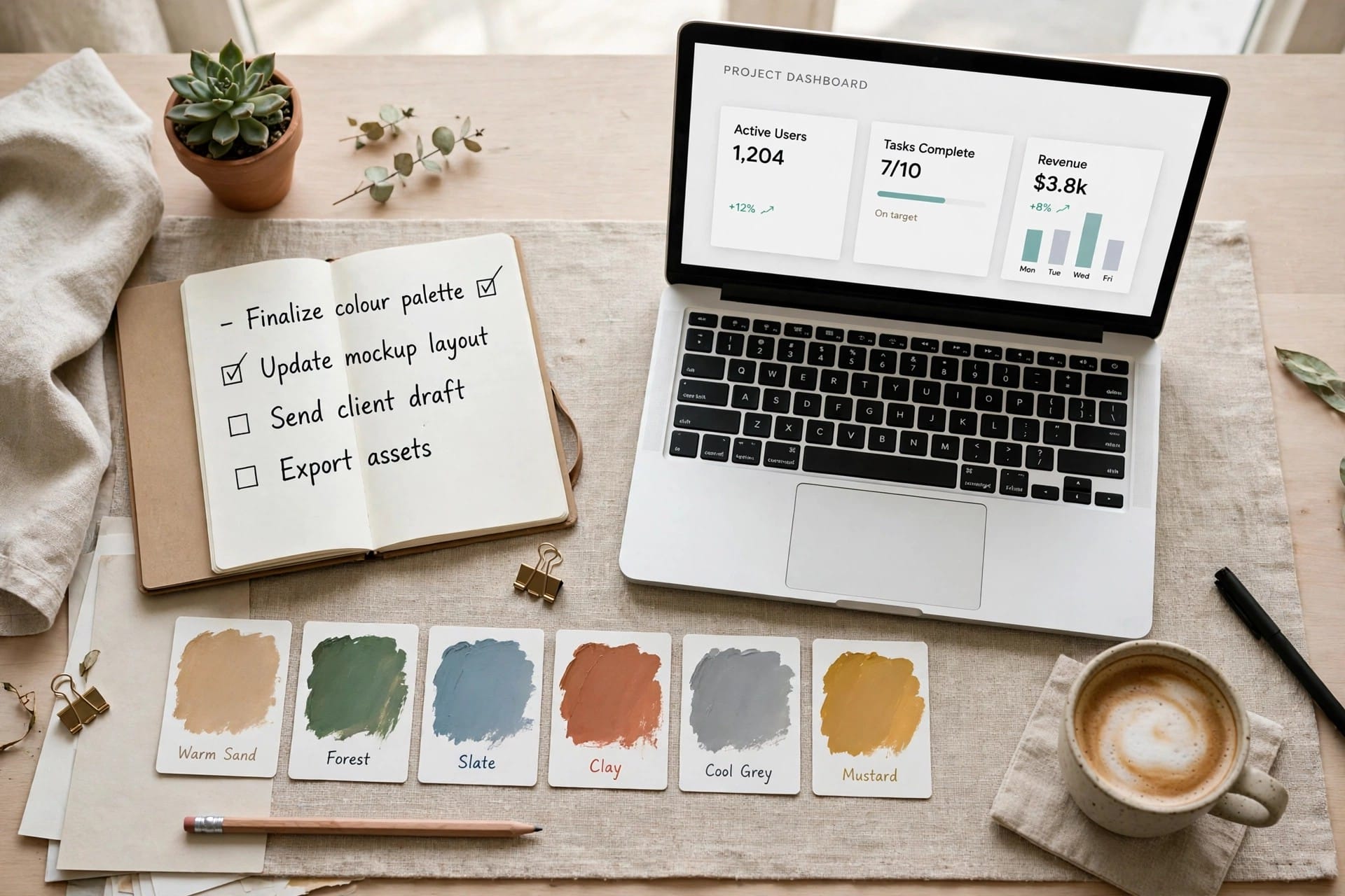 Overhead desk scene with a laptop dashboard, notebook checklist, colour swatches and coffee