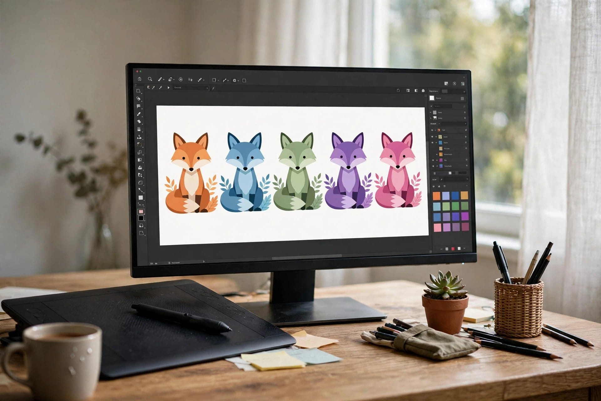 Vector illustration workspace showing a fox illustration recoloured into several colour variations
