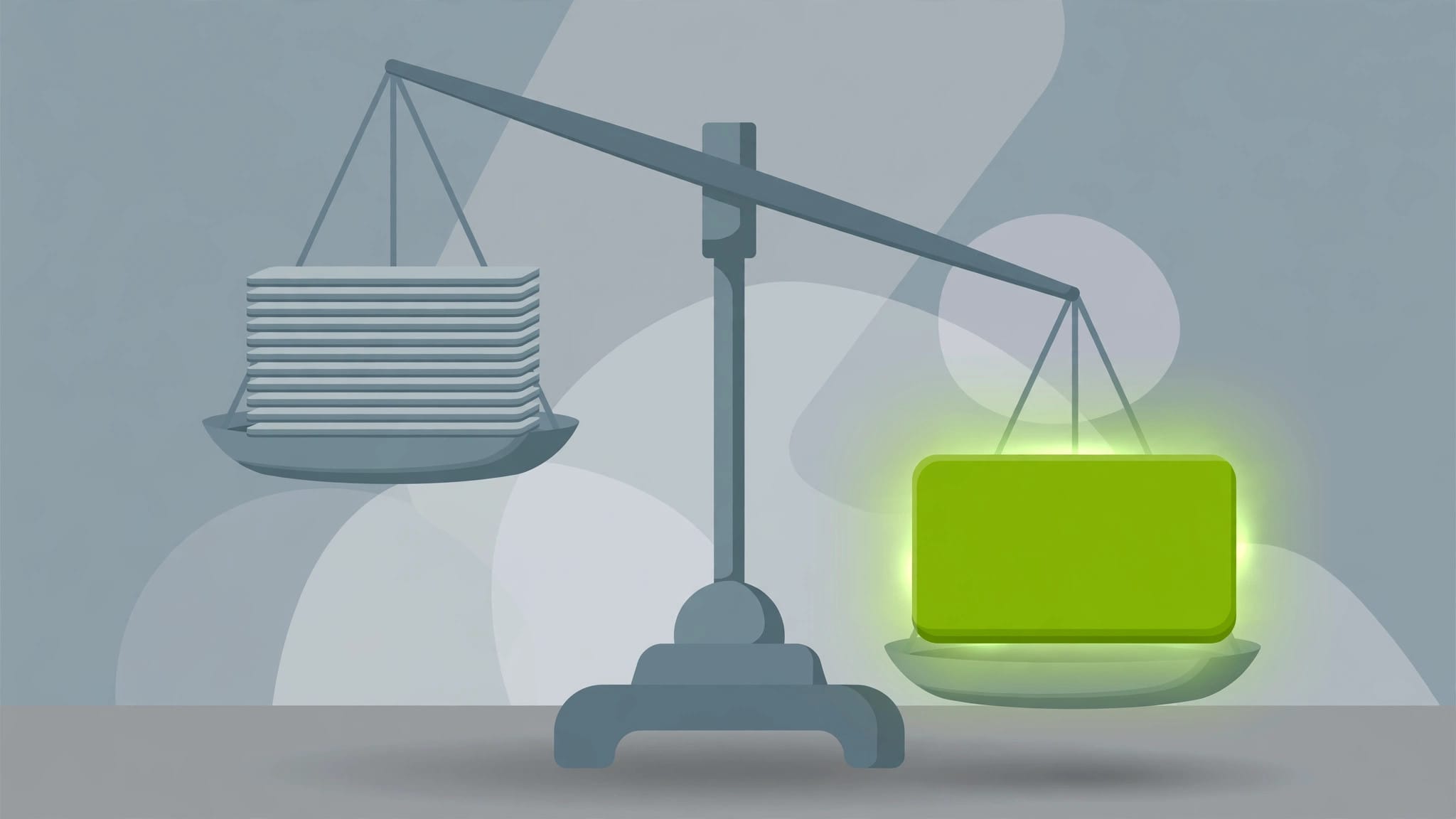 Illustration of a balance scale weighing a stack of link cards against one AI answer card, representing AEO versus SEO
