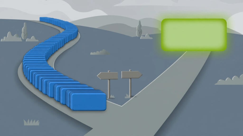 Illustration of two diverging roads, one lined with blue link cards for SEO and one leading to a single answer card for AEO