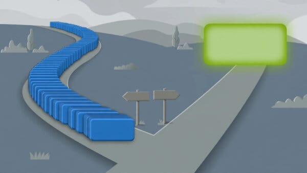 Illustration of two diverging roads, one lined with blue link cards for SEO and one leading to a single answer card for AEO