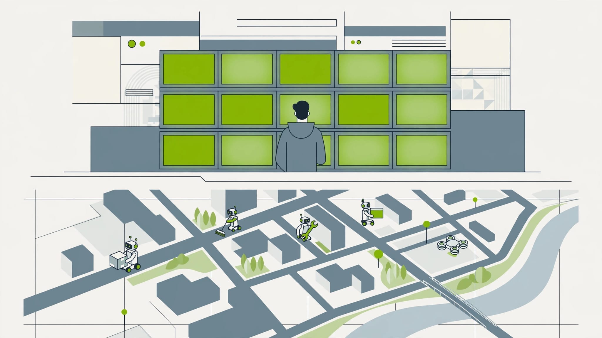 Illustration of a control room overseeing small worker robots across a map, representing agent platforms that direct many agents