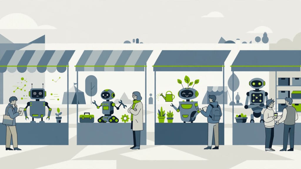 Illustration of market stalls staffed by different robot assistants, representing rival AI agent platforms