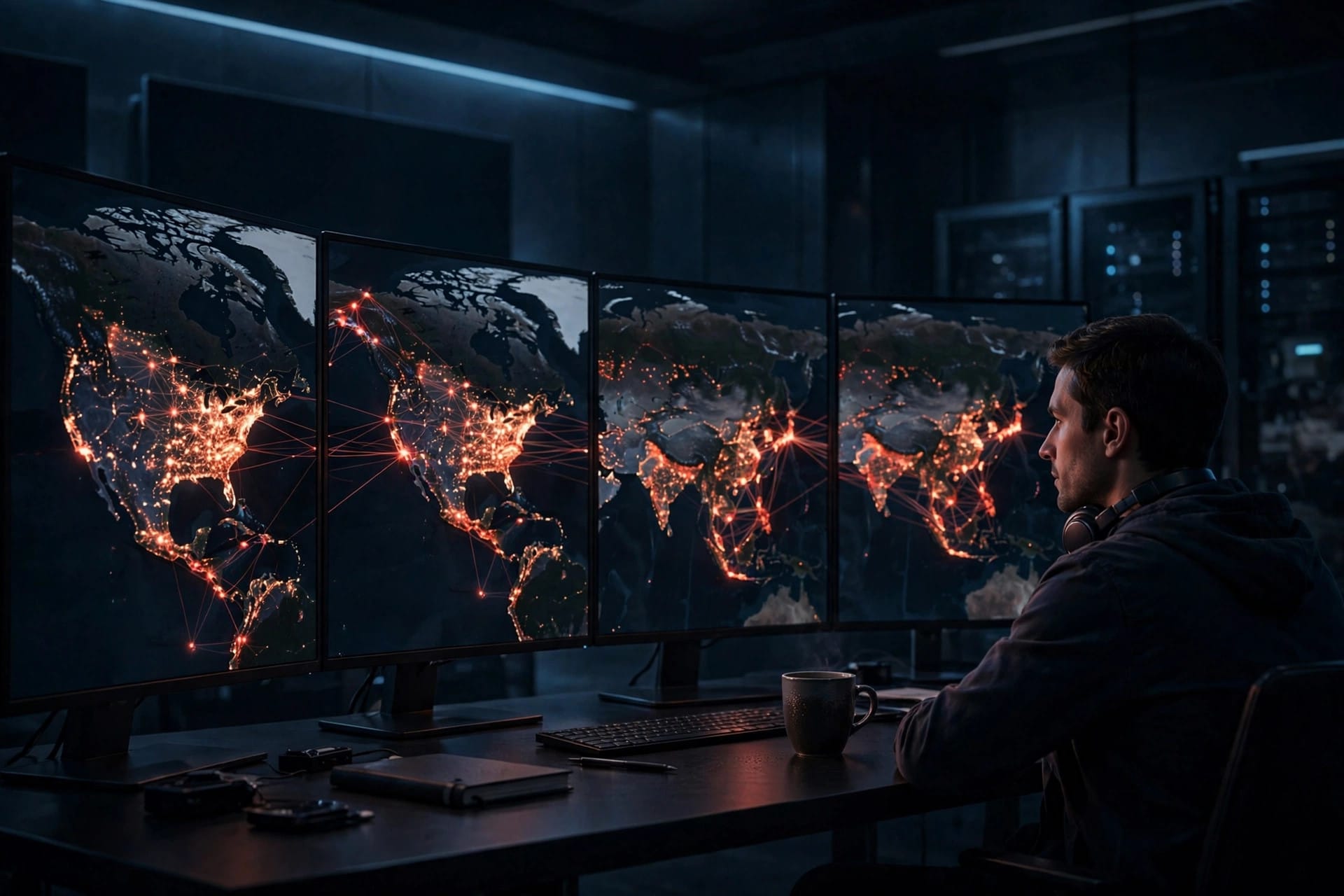Security researcher monitoring a world map of AI agent intrusion attempts on multiple screens