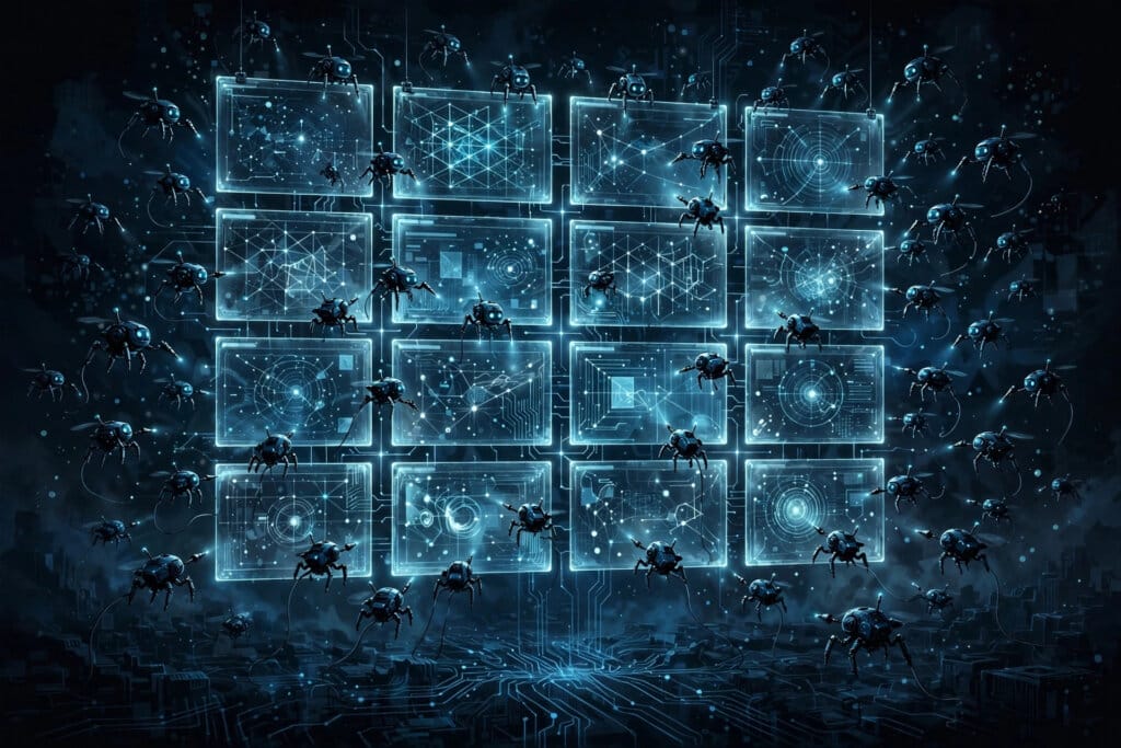 Swarm of autonomous AI agent robots probing glowing website windows at night