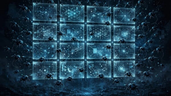 Swarm of autonomous AI agent robots probing glowing website windows at night