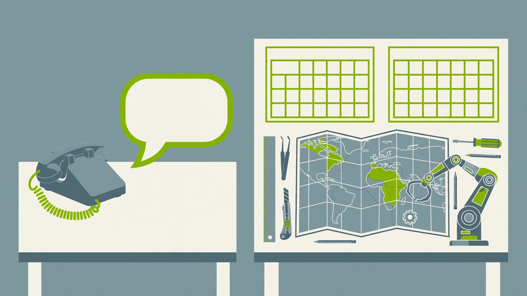 Illustration of a simple telephone desk beside a full agent workstation, representing the difference between chatbots and agents