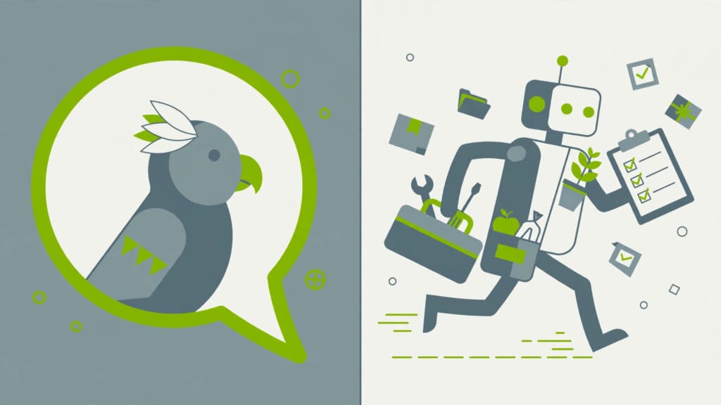 Illustration contrasting a parrot in a speech bubble with a robot assistant carrying tools, representing chatbots versus AI agents