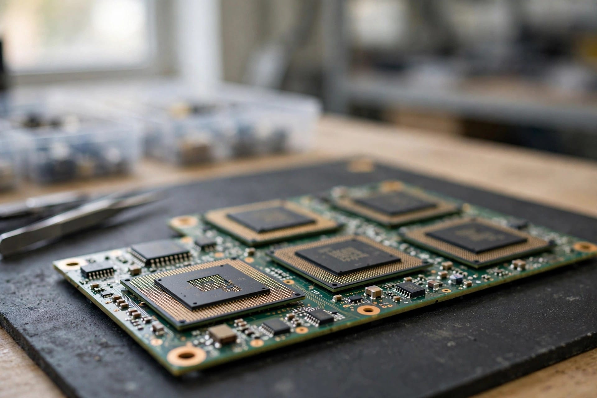 Computer processor chips arranged on a circuit board on a workbench