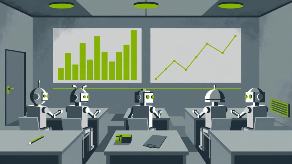 AI benchmarks illustrated as robot figures in an exam hall facing abstract chart bars