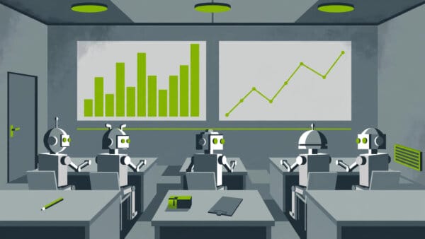 AI benchmarks illustrated as robot figures in an exam hall facing abstract chart bars