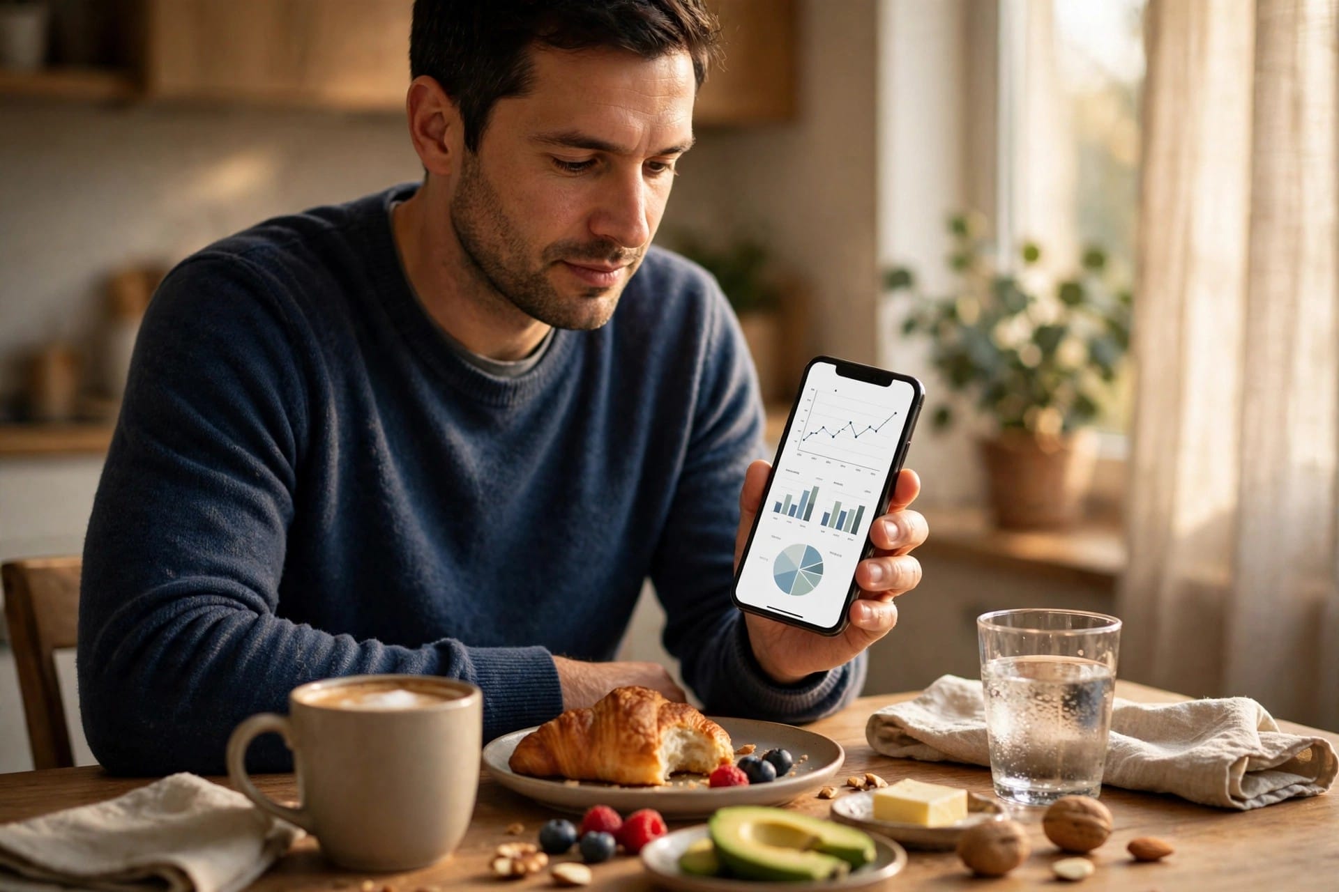 Man reading a scheduled morning market briefing on a phone at the breakfast table