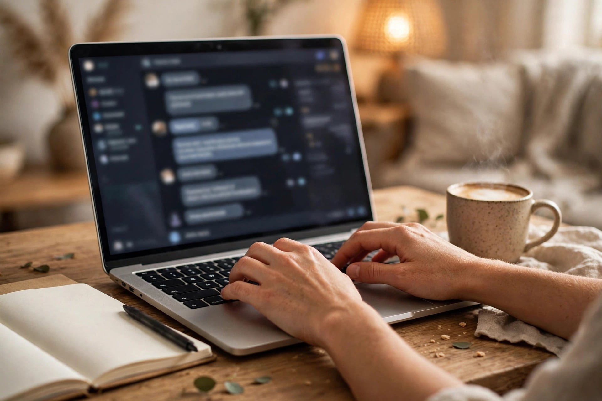 Hands typing an investment question on a laptop with a finance chat open, notebook and coffee beside it