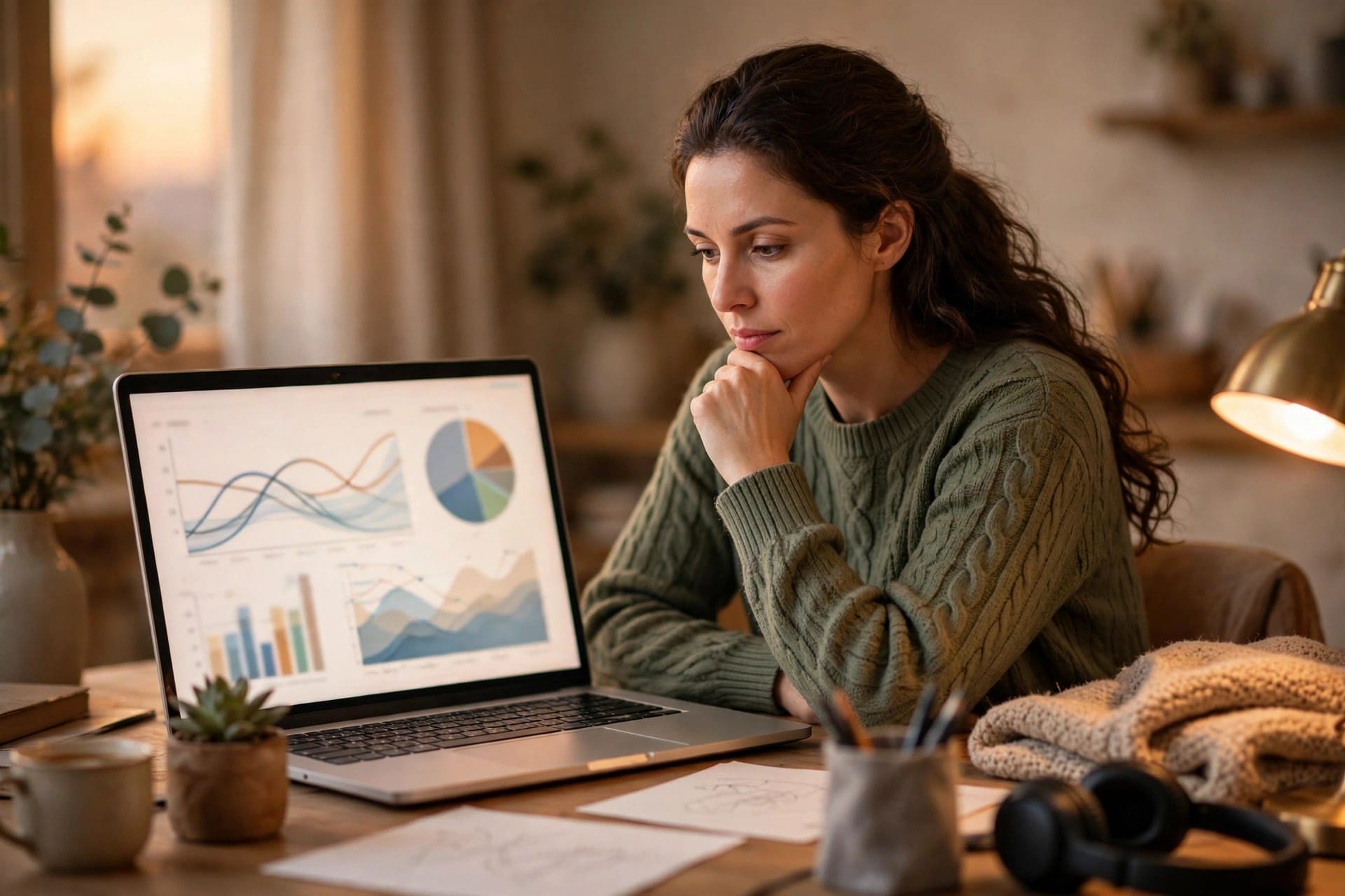 Woman studying a deep research answer with charts on a laptop