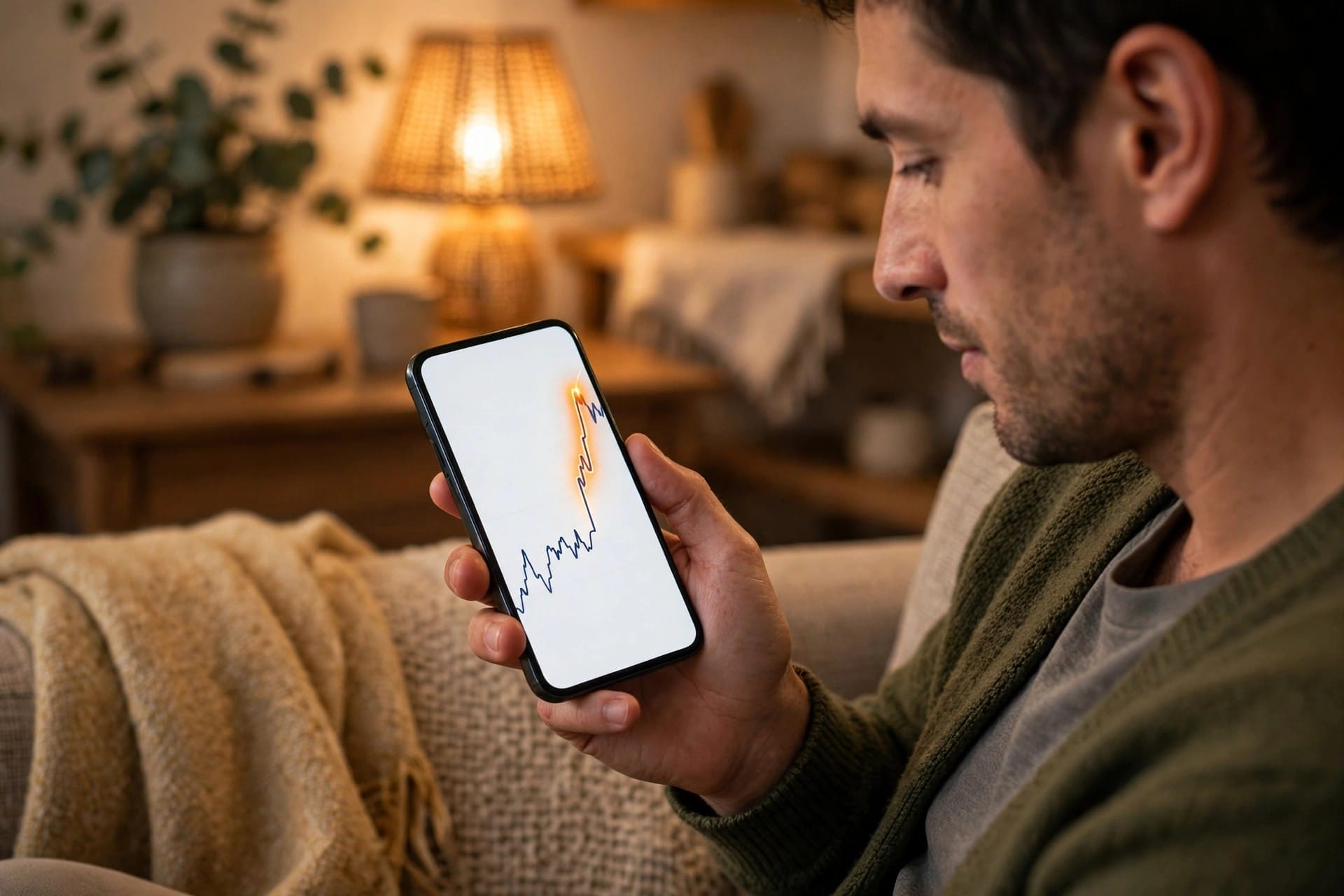 Man watching a sharp price jump highlighted on a stock chart on a phone