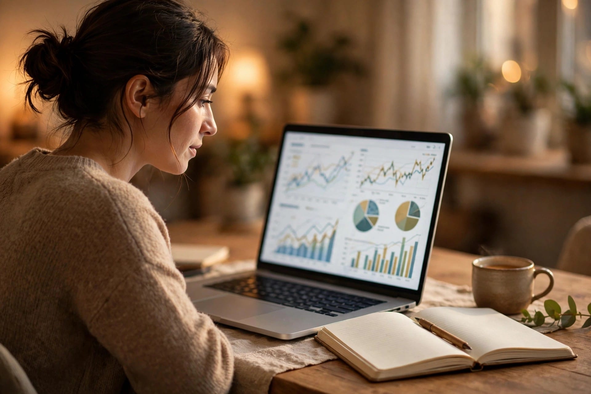 Woman reviewing an investment portfolio with charts on a laptop, notebook beside it