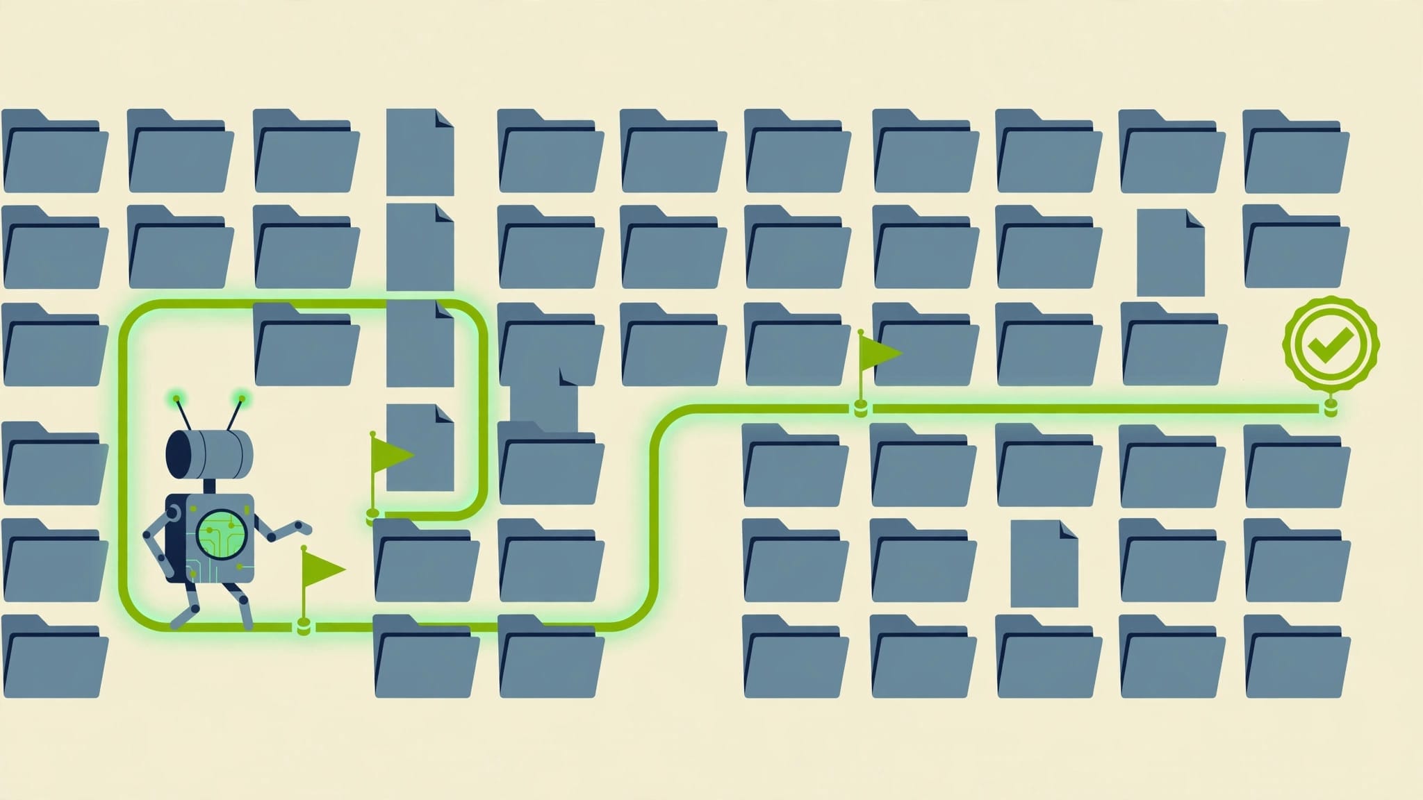 Illustration of an AI coding agent reading a repository, planning a change and running tests