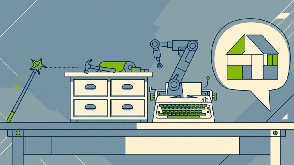 Illustration of four kinds of AI coding tools — autocomplete, editor, terminal agent and app builder — on a workbench