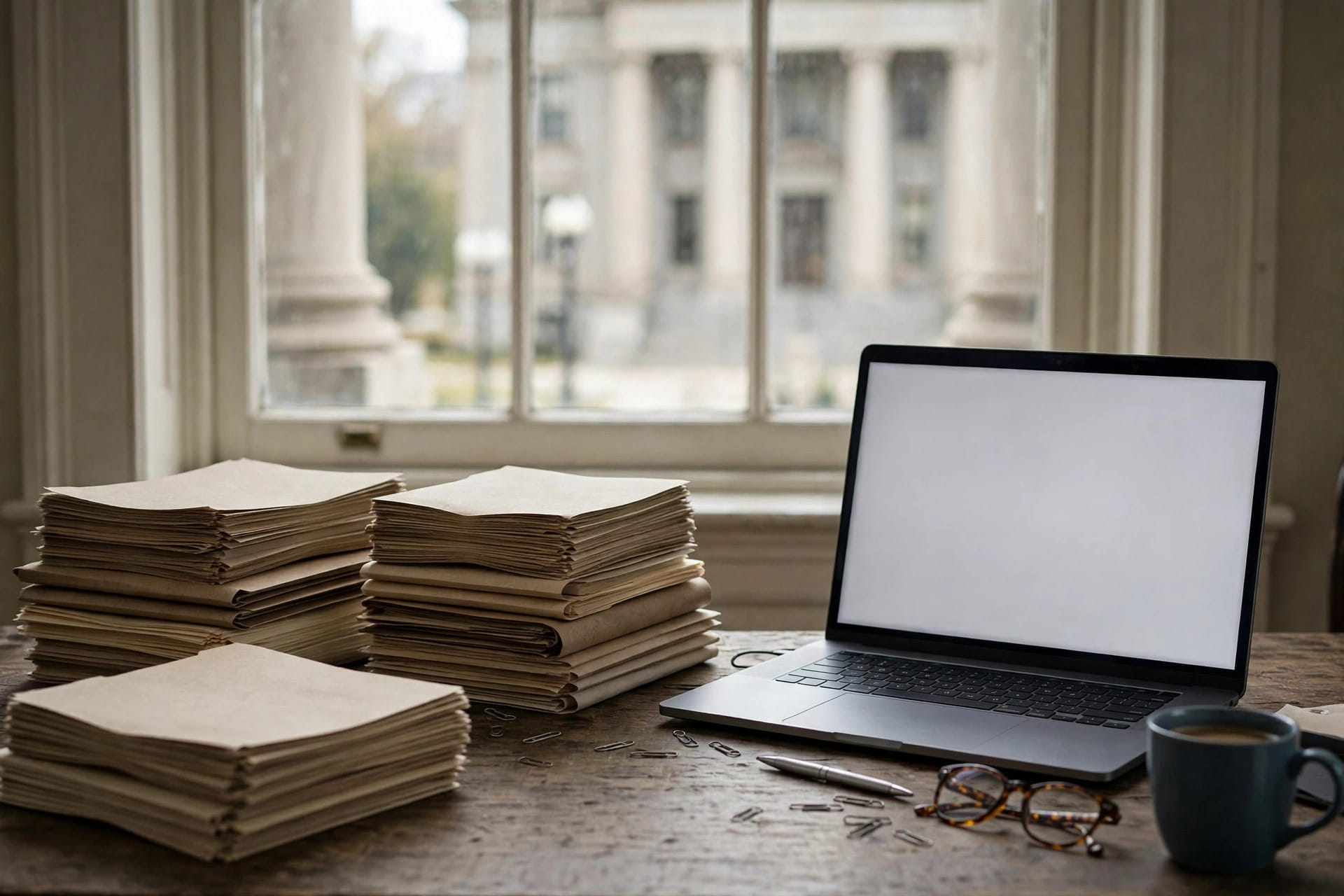 Lawyer's desk with stacked legal briefs and a laptop showing a court document