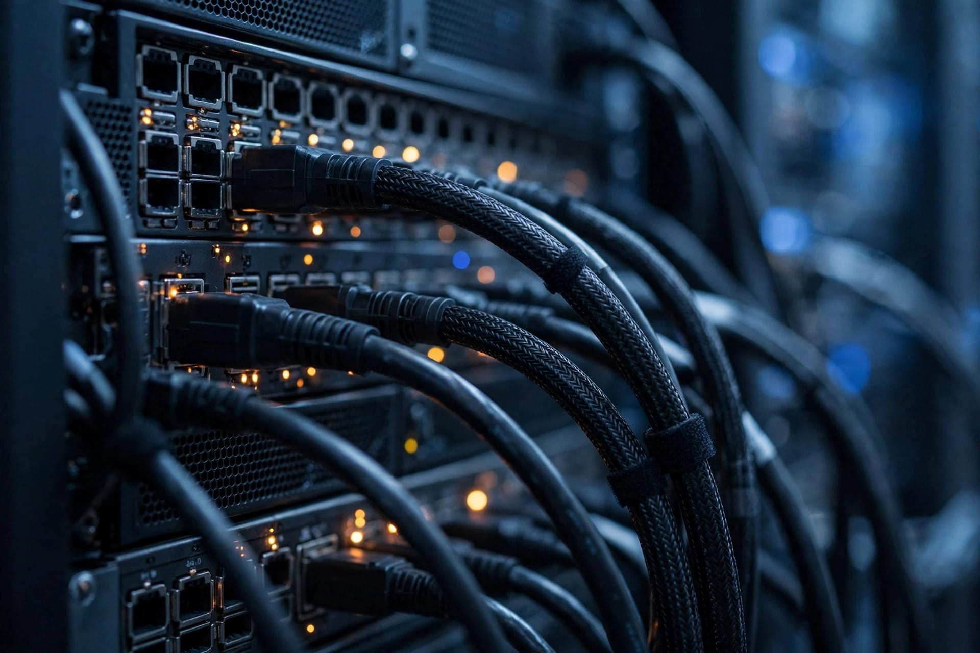 Server hardware and network cables inside a data center rack