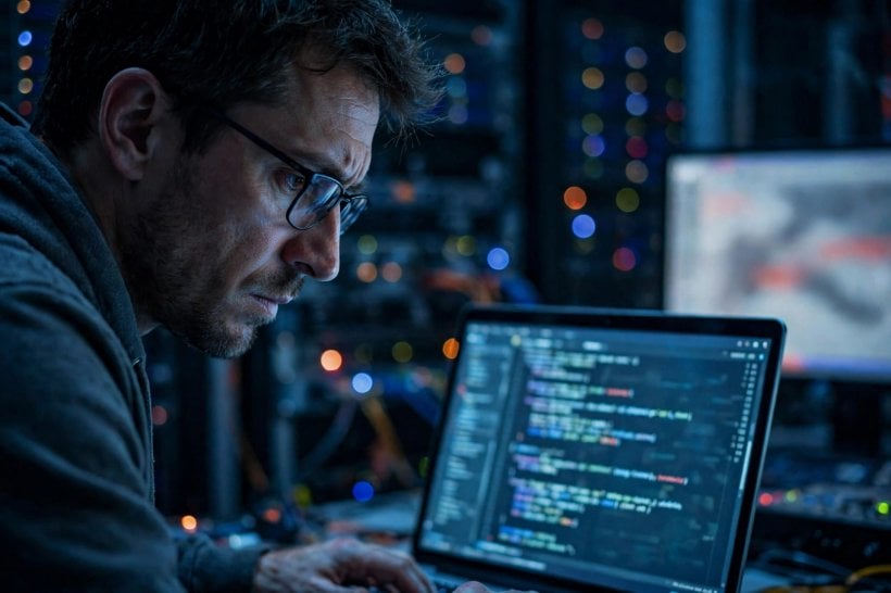 An engineer patching a critical software vulnerability on servers at night as AI-driven bug discoveries accelerate