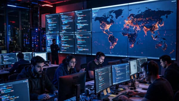 Analysts in a security operations centre tracking AI-discovered software vulnerabilities on code screens and a world map