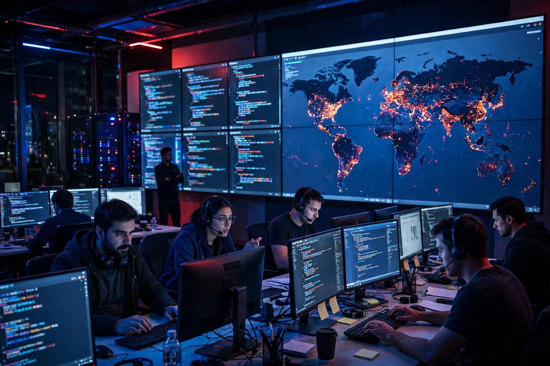 Analysts in a security operations centre tracking AI-discovered software vulnerabilities on code screens and a world map