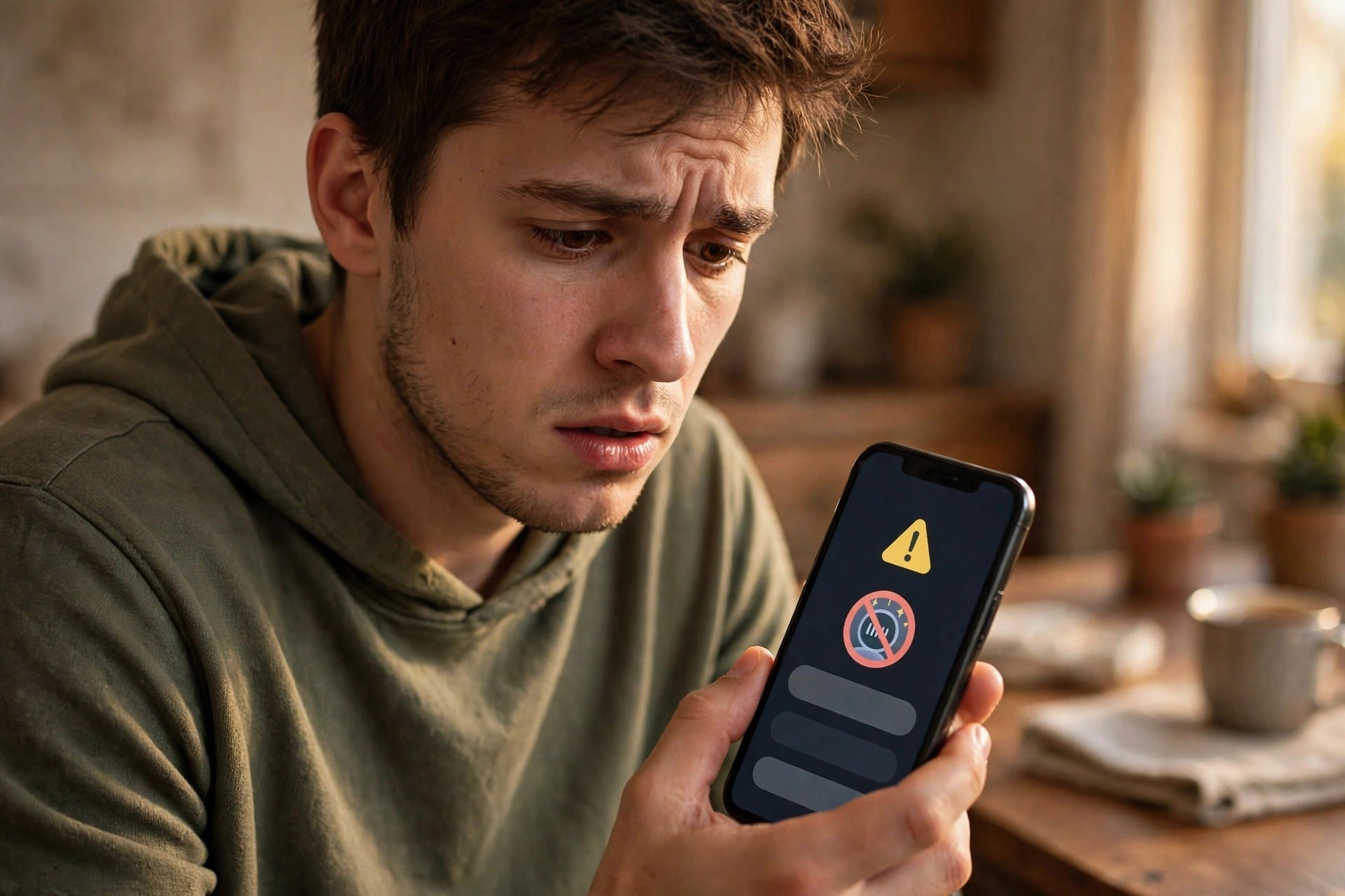 Puzzled man looking at a phone where an AI assistant has declined a request