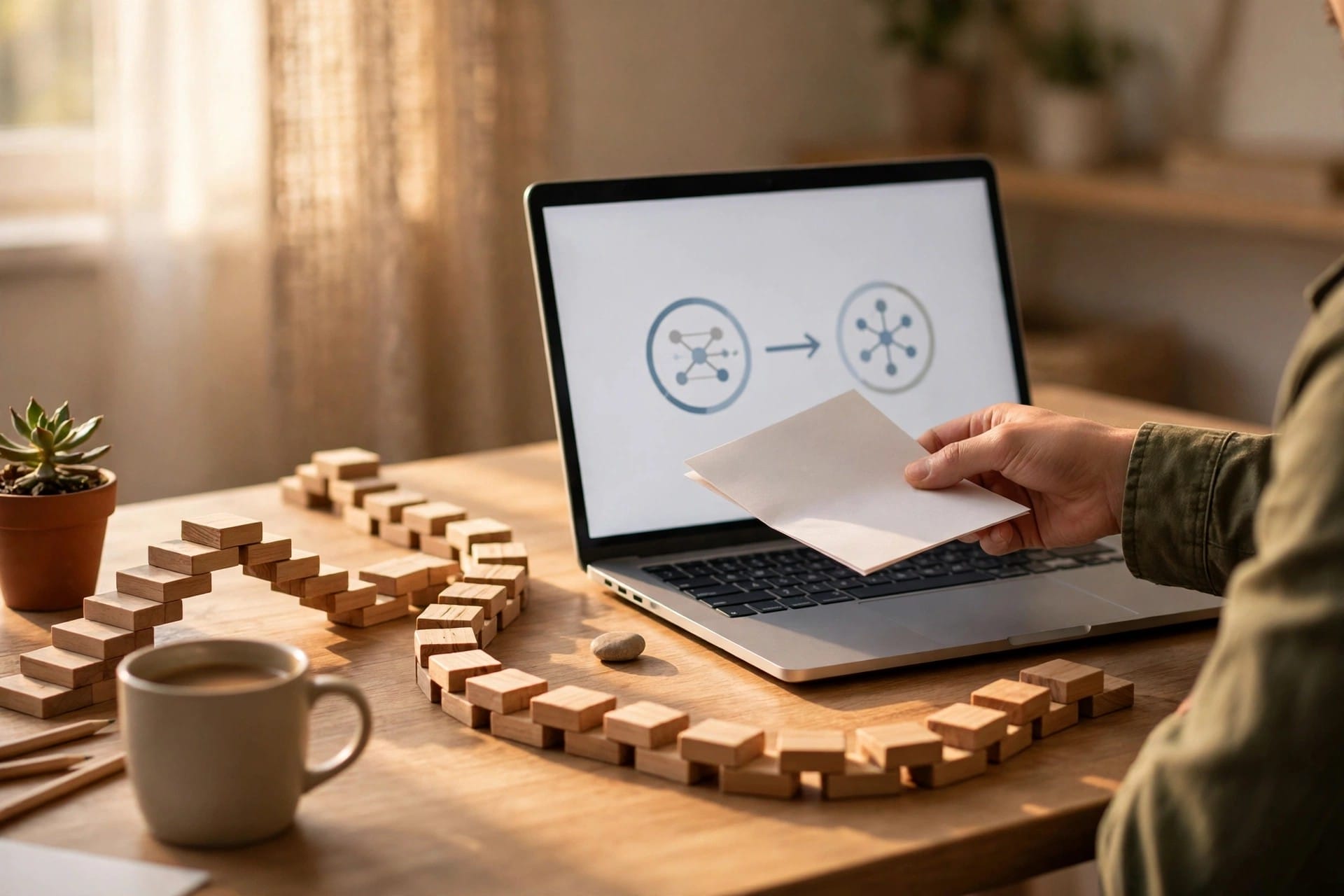 Person passing a document between AI tools on a laptop beside a chain of wooden blocks
