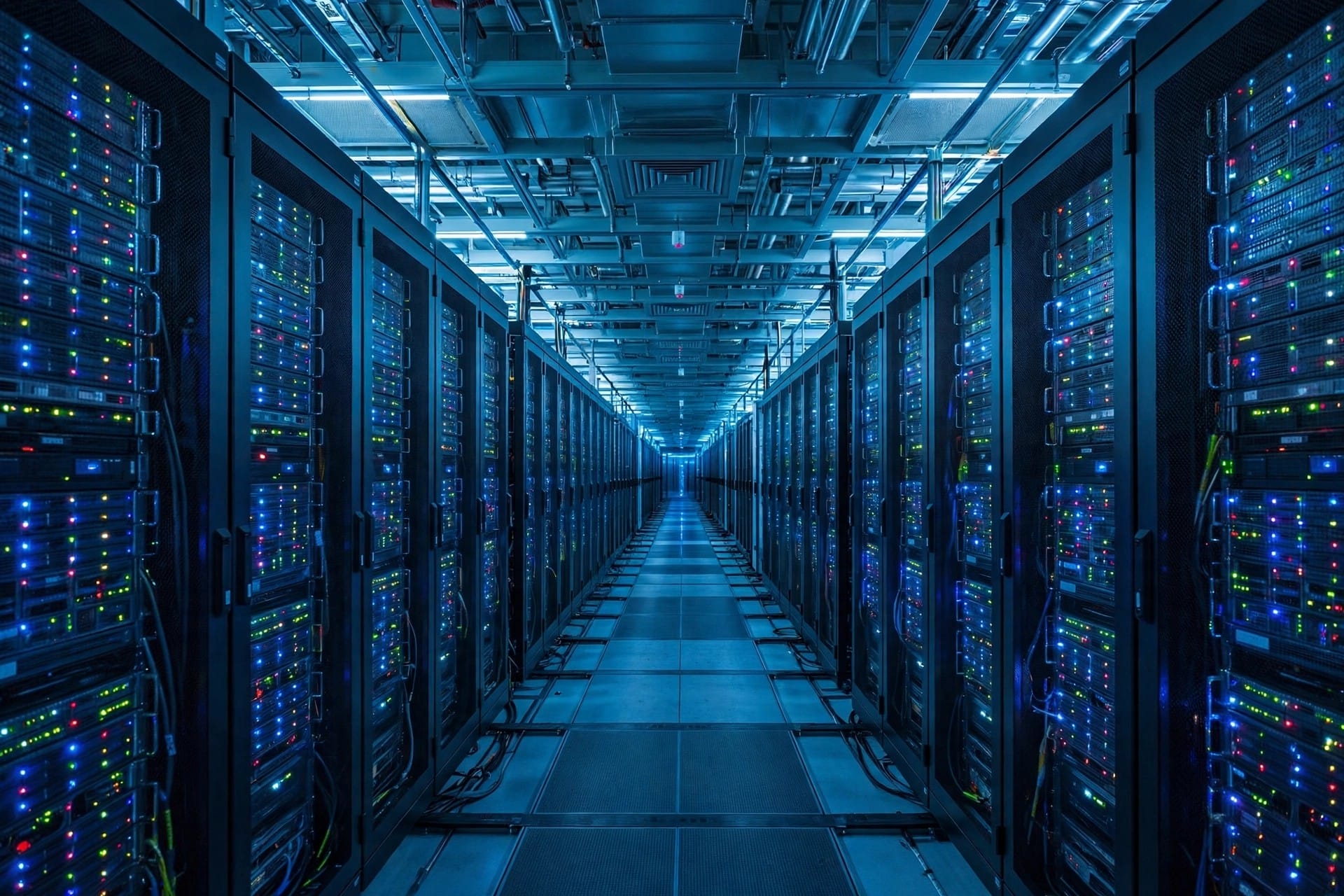 Long corridor of a modern data centre with rows of servers and blinking lights