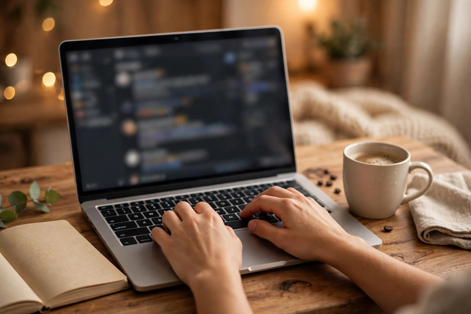 Hands typing a question on a laptop with an AI chat open, notebook and coffee beside it