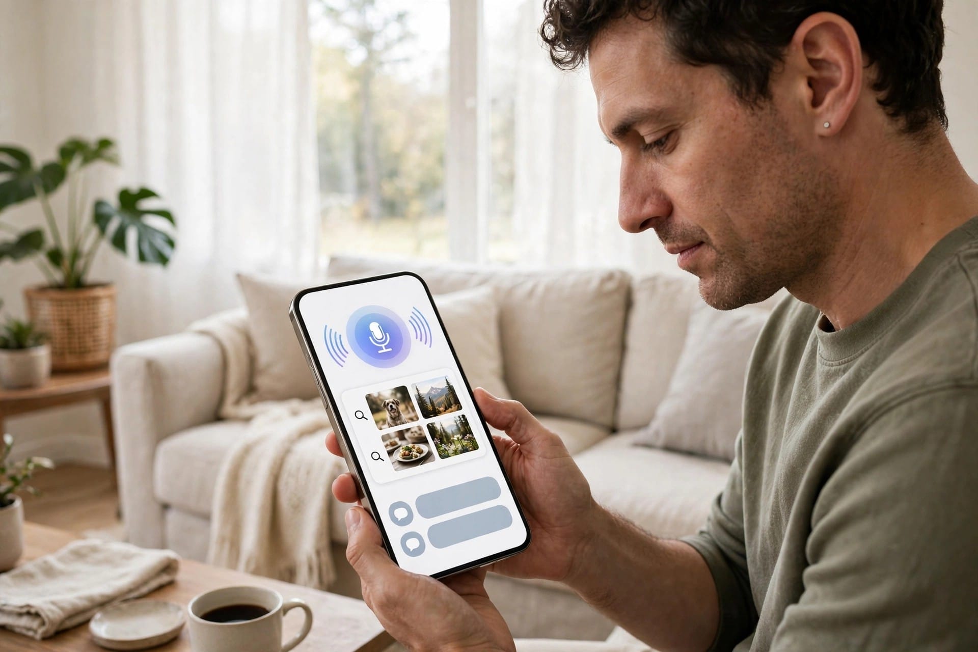 Man using everyday AI features on a phone, voice assistant and photo search