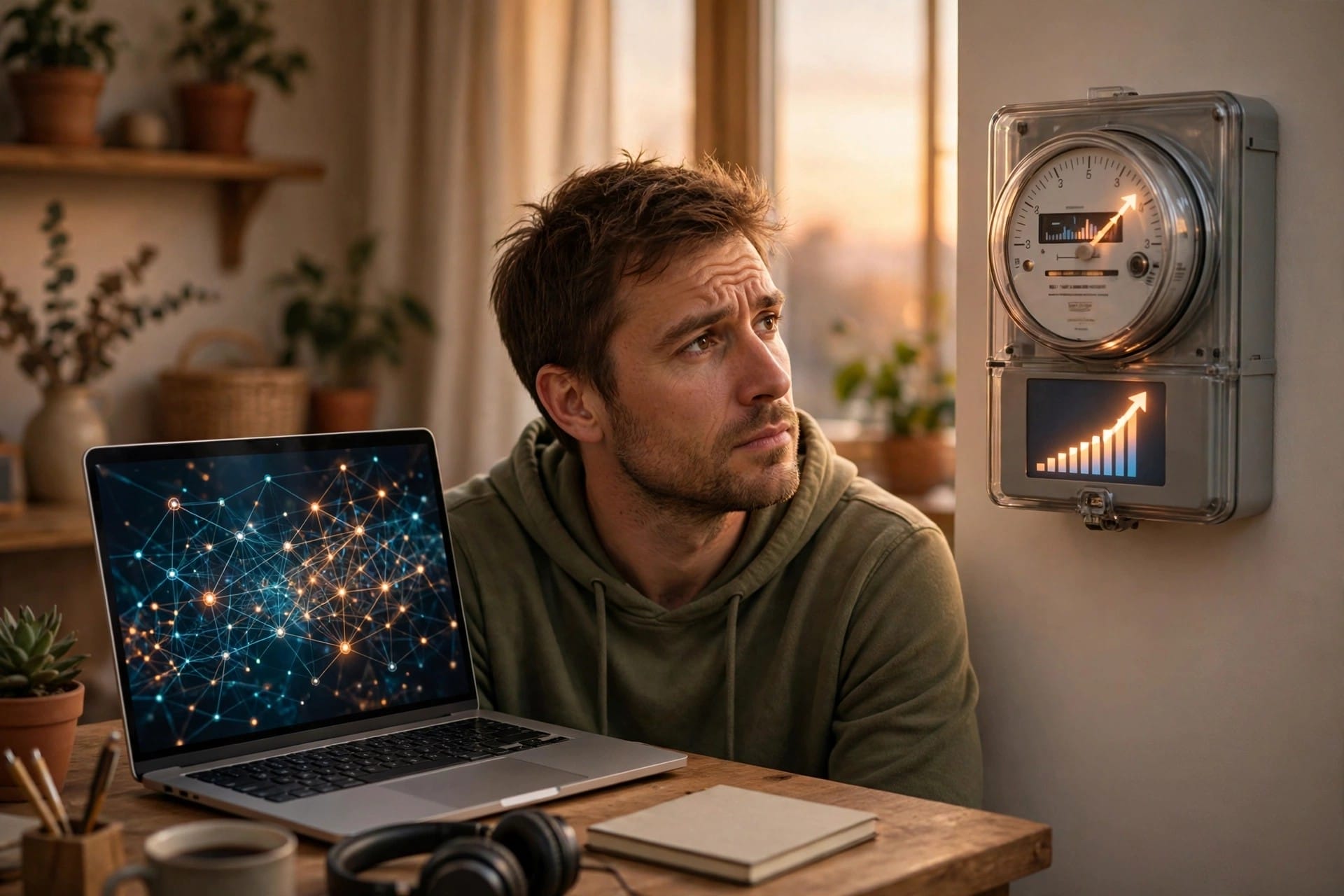 Man looking at a rising electricity meter beside a laptop running an AI model