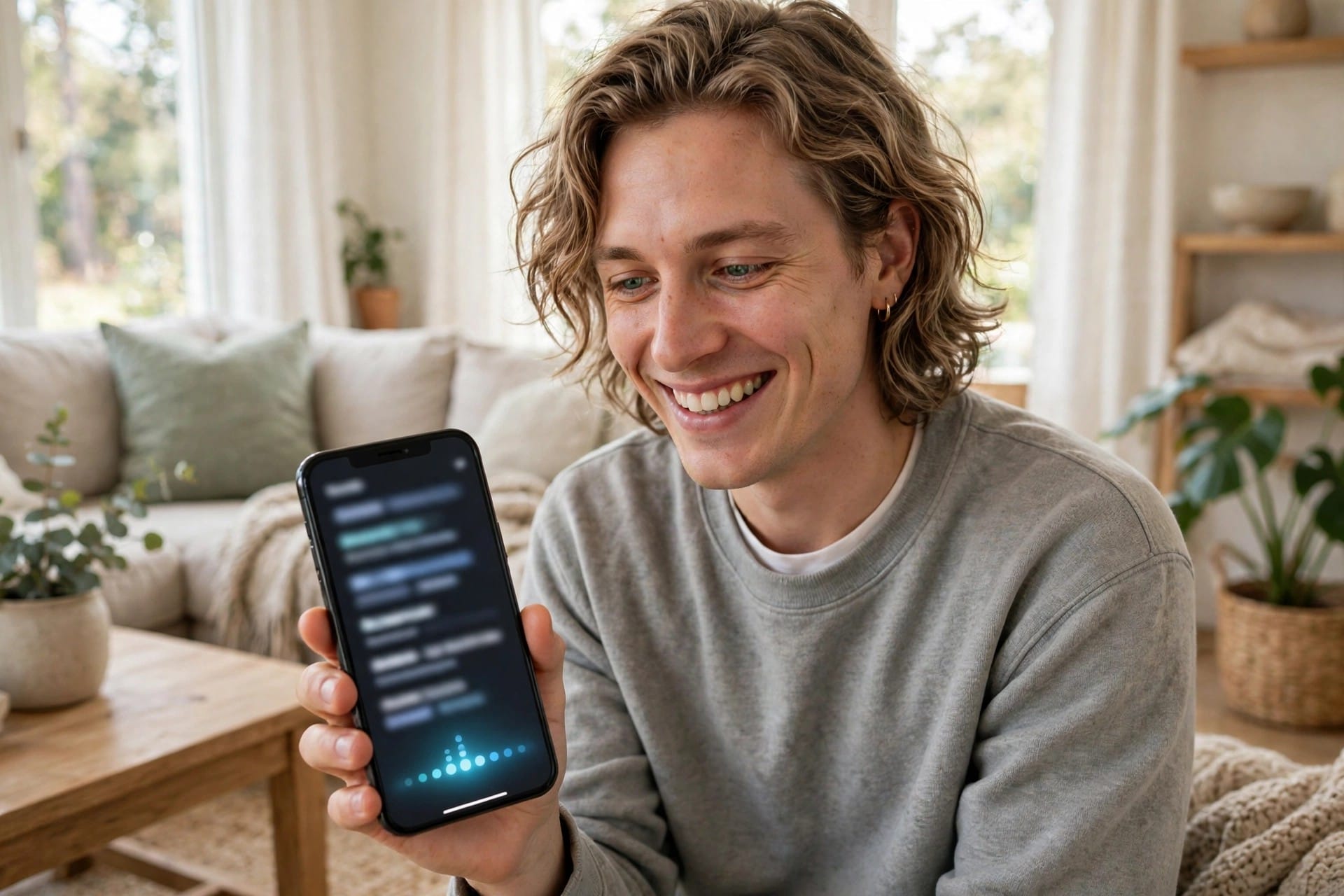 Man smiling while holding a phone with an AI answer streaming on screen