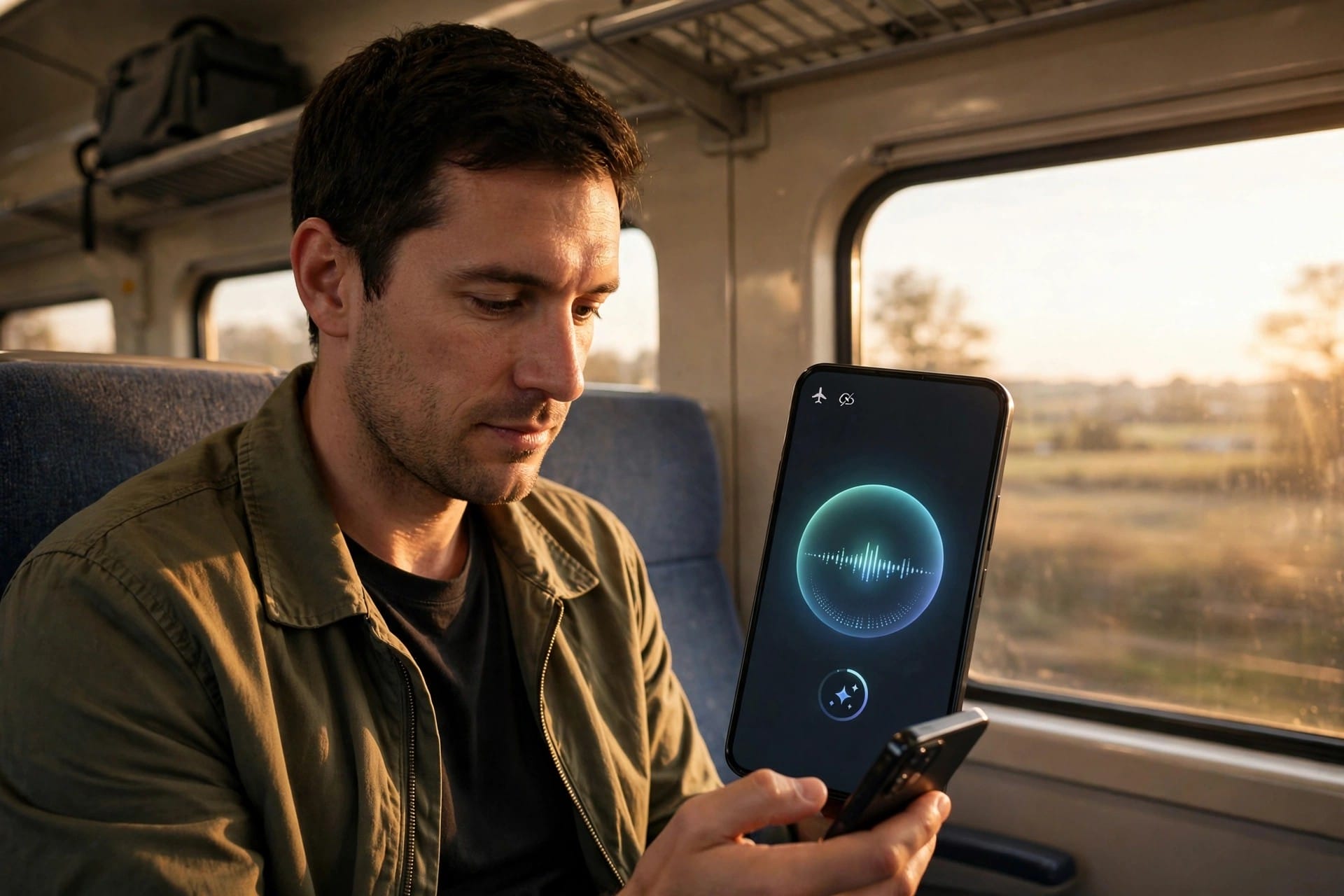 Man using an AI assistant on a phone on a train with no internet connection