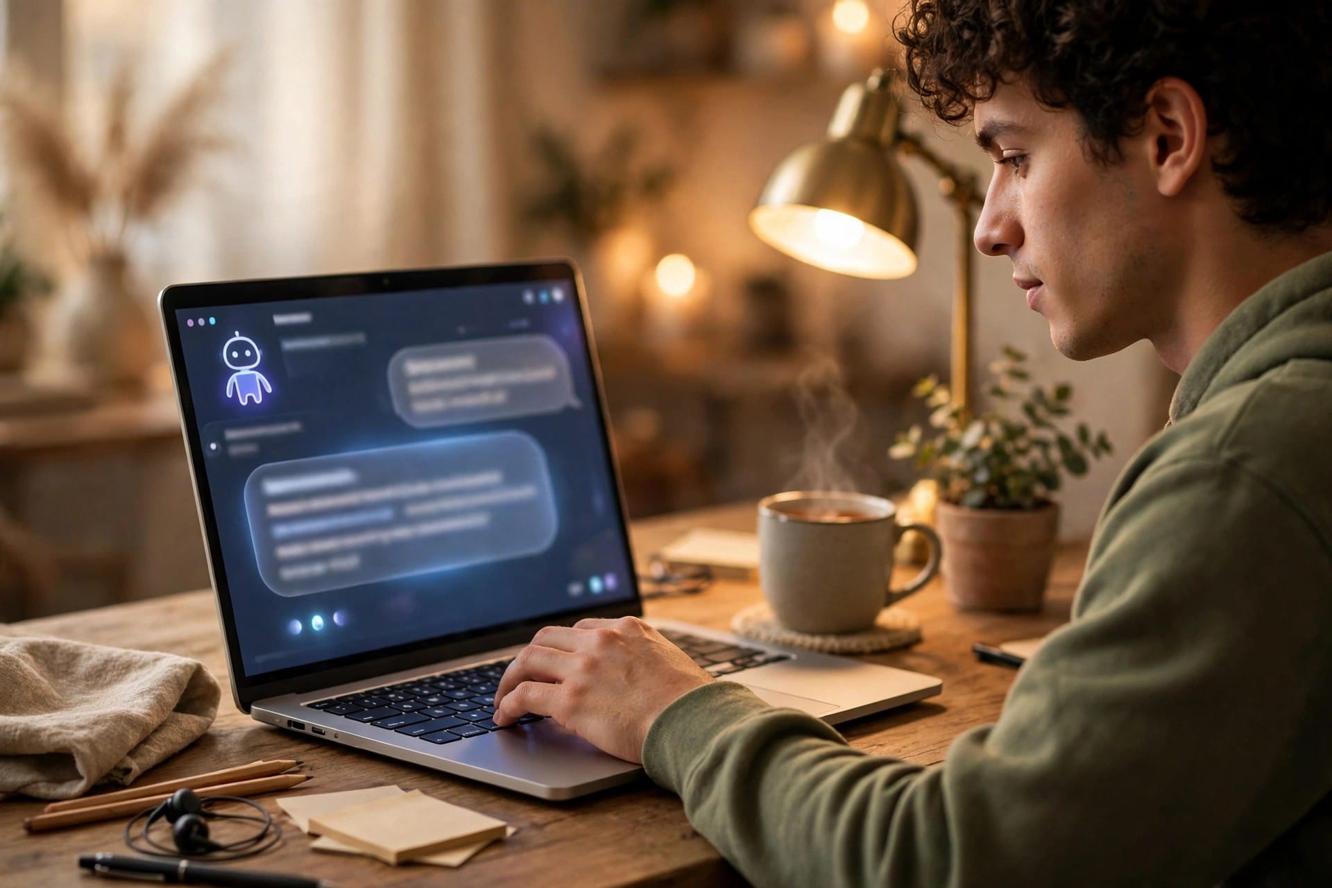 Man watching an AI answer appear on a laptop screen at a cozy desk