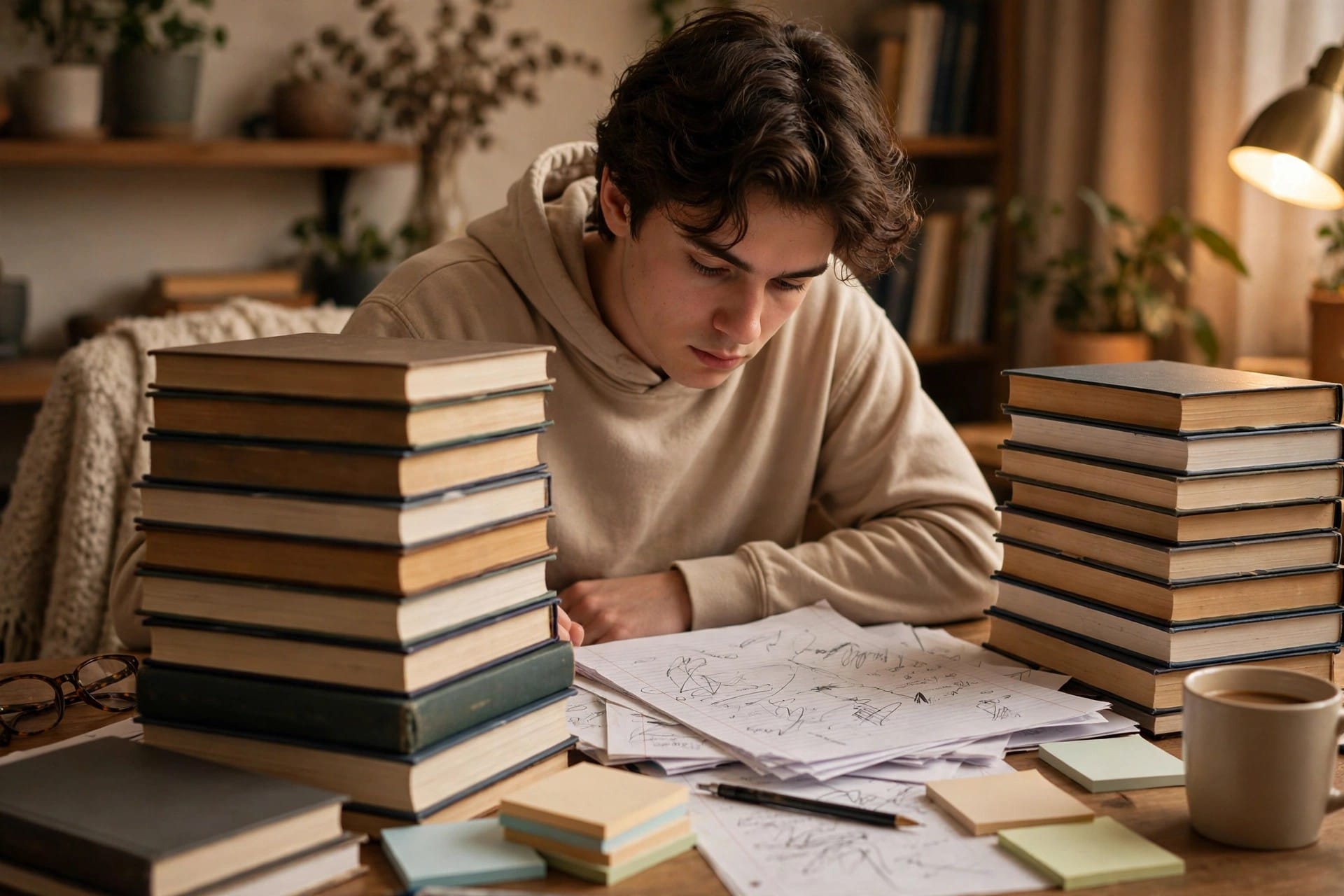 Student studying from tall stacks of books and notes at a desk