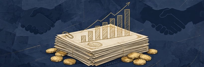 Lobbying disclosure documents with rising bar chart and dollar coins on navy background