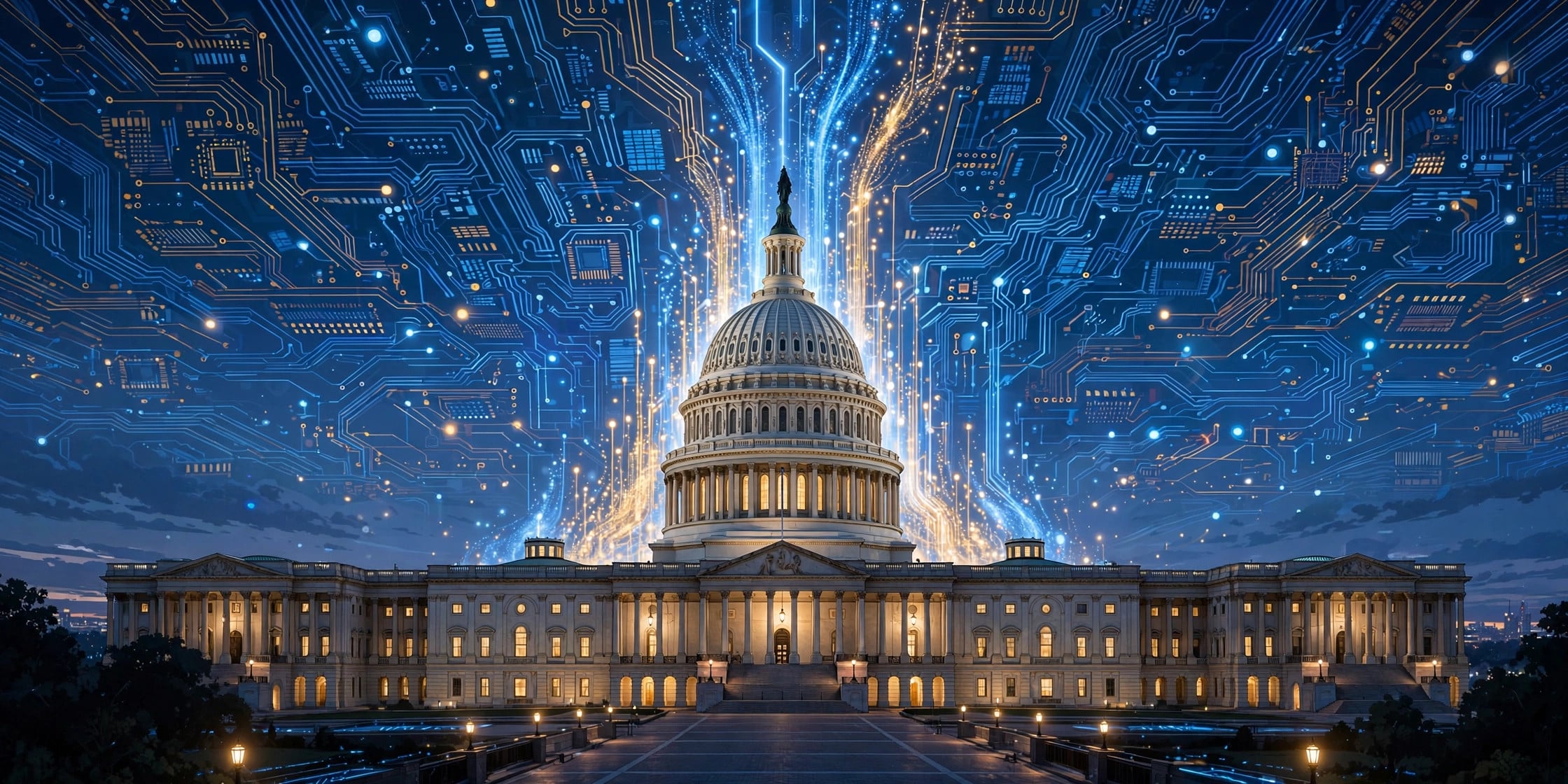 US Capitol at dusk with circuit patterns and data streams representing AI lobbying in Washington