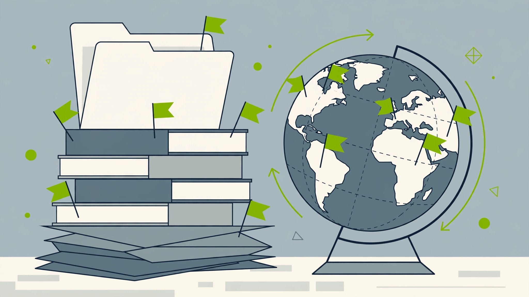 Illustration of a stack of law books beside a globe with flag pins, representing the global patchwork of AI regulation