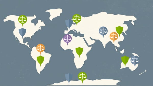 Illustration of a world map with scales-of-justice pins on each continent, representing AI laws around the world in 2026