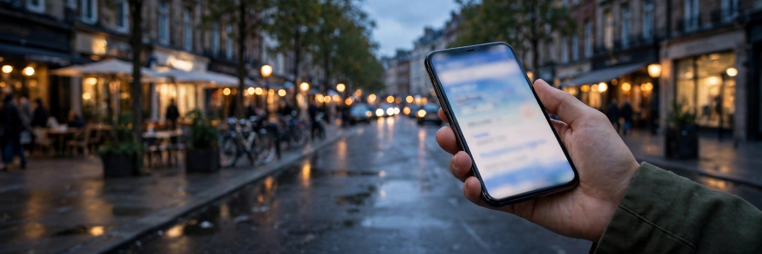 Smartphone in hand showing a search page on a city street at dusk