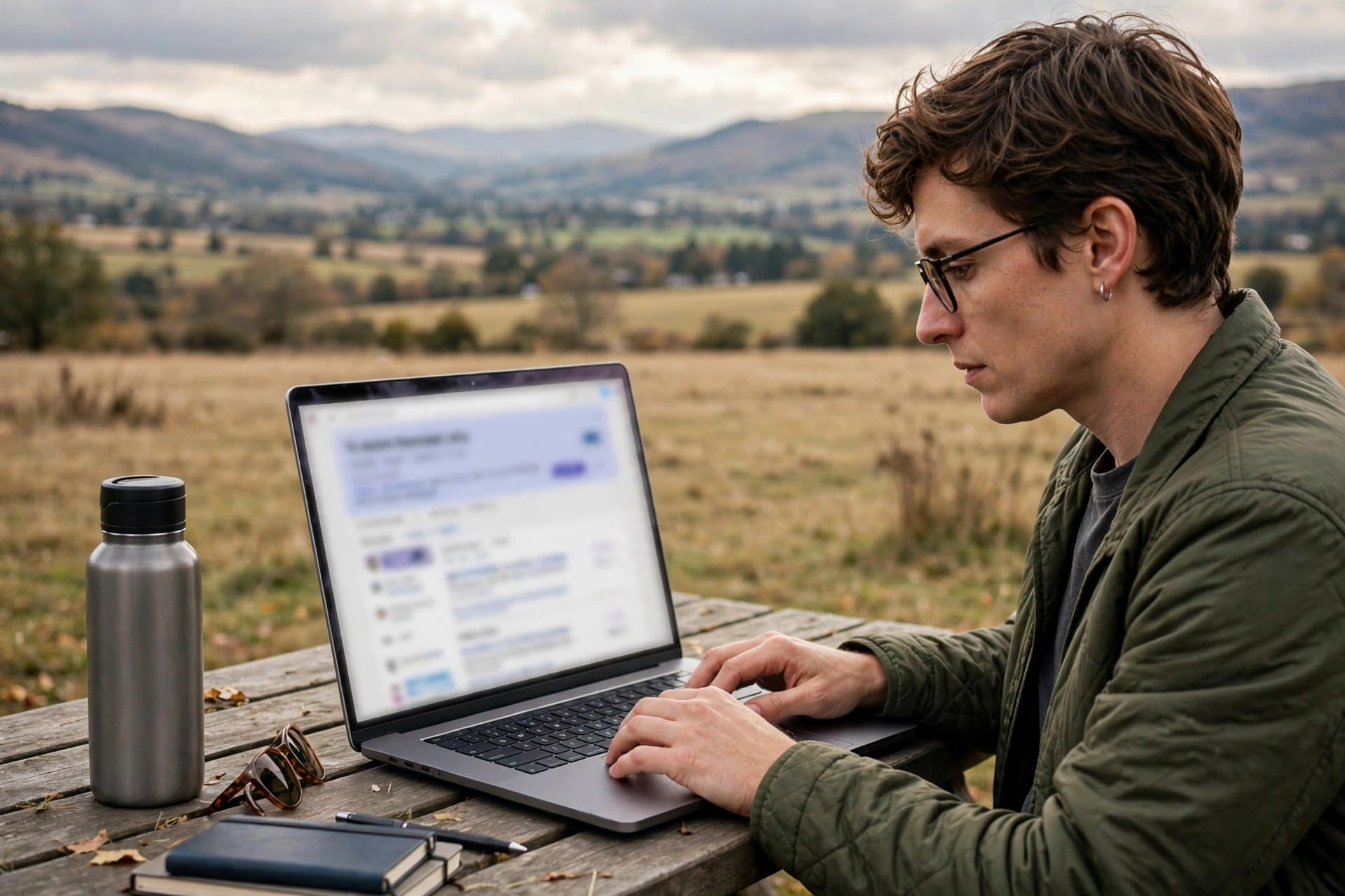 Person searching on a laptop showing a search results page with an AI summary box at the top