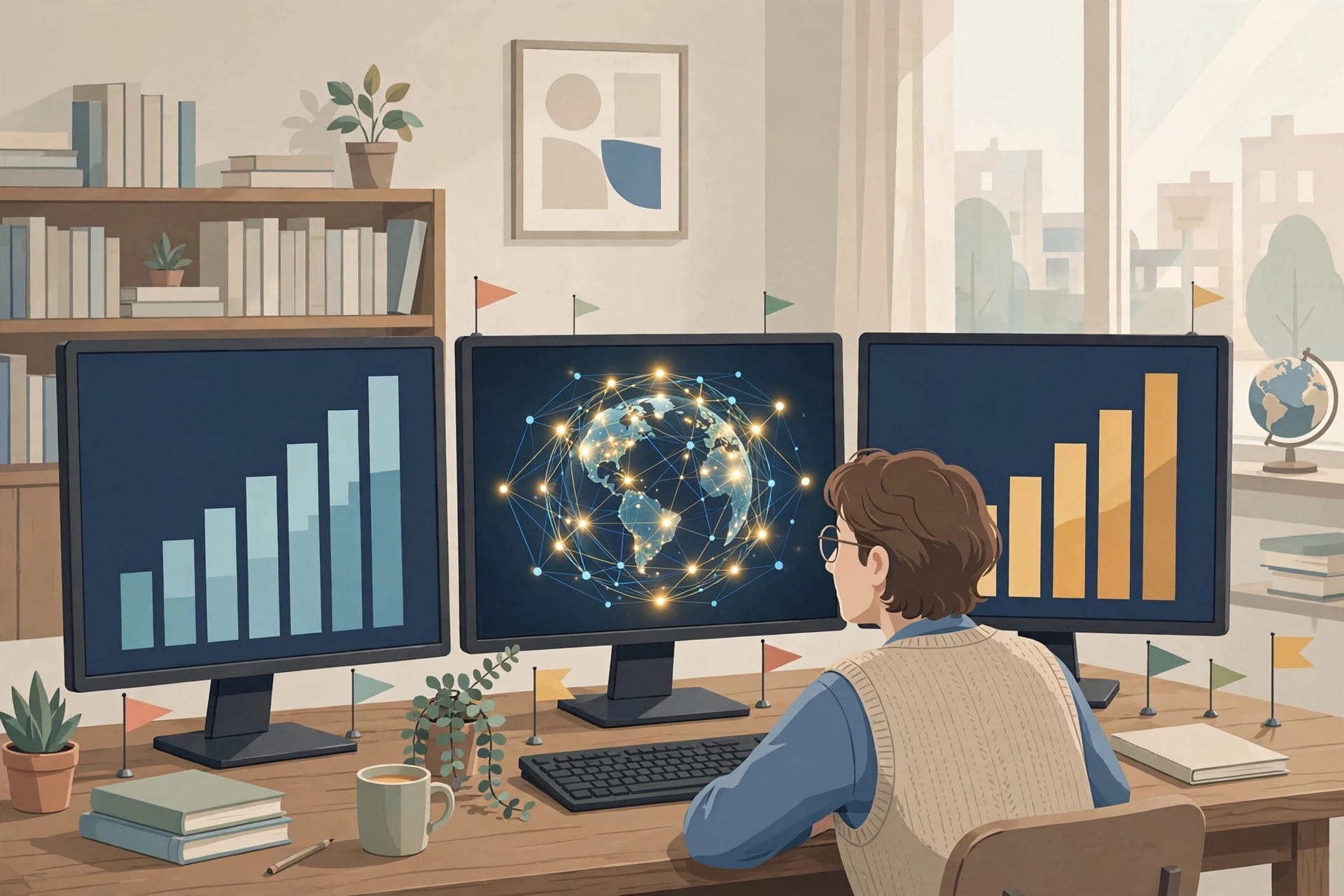 A researcher at monitors showing charts and a web network, illustrating the Fudan University experiment that planted posts AI search tools later cited