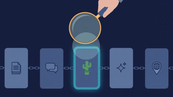 A magnifying glass over AI search answer cards and citation links, one card marked with a cactus, for the Fudan study of fabricated citations