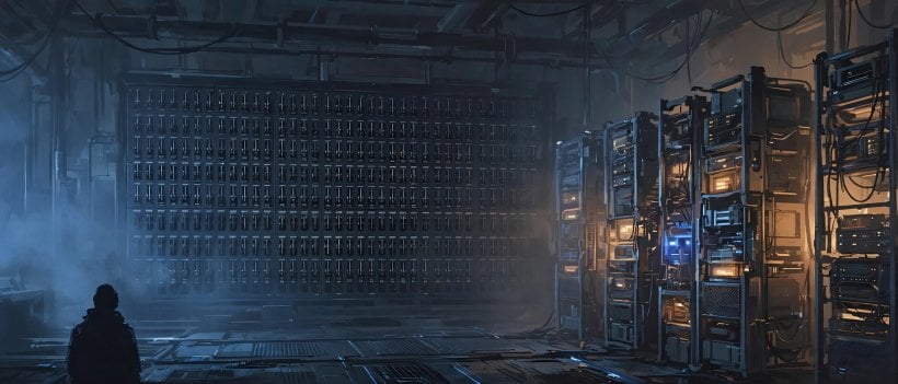 A control room with server racks and a large switch panel, with a single operator silhouette