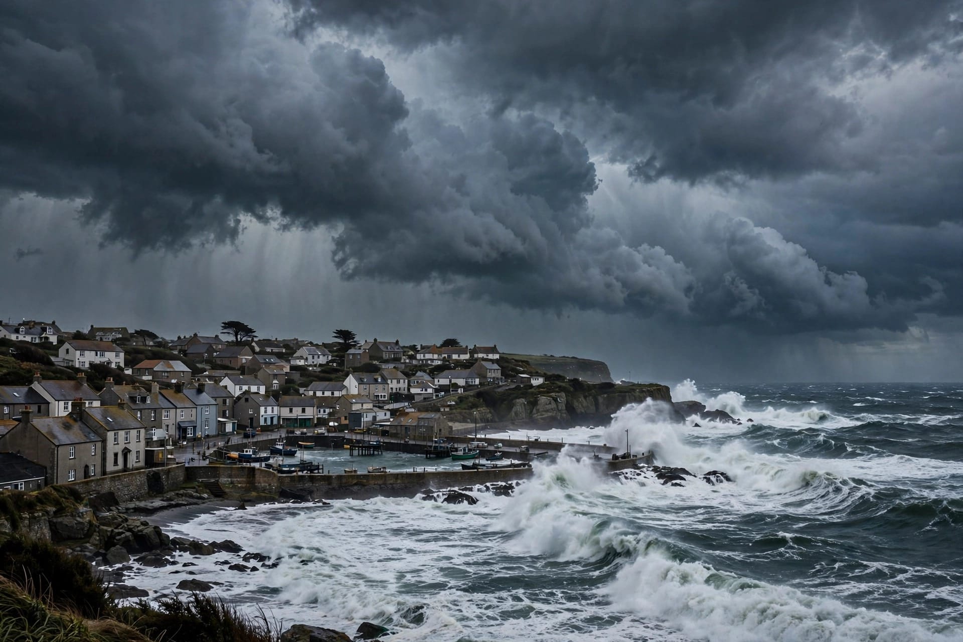 Dark storm clouds and high waves hitting a coastal town